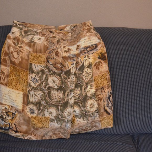 MARK SHALE Midi Skirt Lining Front Fold Floral Cream-Brown Zip Back USA 10 - Picture 9 of 10